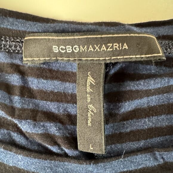 BCBG Maxazria Draped Back Top Size Large Blue & Black Striped Long Sleeve - Picture 3 of 11